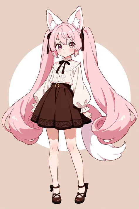 droopy white ears dog ears 　 long twin tails　 twin-tail hair in a circle　droopy white ears dog ears 　Only one　 standing picture、Symmetrical　Droopy ears犬耳　  Full Body Lesbian 、 top quality、length、 best image quality、 cute little、 plain background　Of light p...