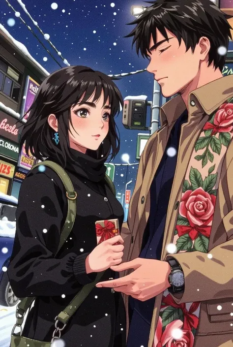  Valentine's Day Night ,  Illuminated Street Corner , Snow flutters ,  Small Gift Box in Her Hand ,  Special Chocolate with a Ribbon ,  A Man Who Confesses While Being Nervous ,  A Woman with Expectations and Surprised Expressions ,  Time for Just the Two ...