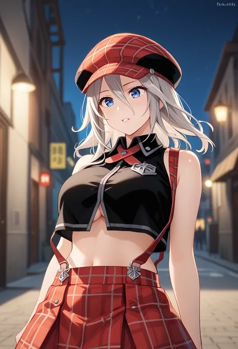 , (full eyes:1.1),  deep skin, glistening skin,cowboy shot  BREAK 1girl, alisa ilinichina amiella,alisa ilinichina amiella costume, solo,grey hair,long hair,blue eyes,large breast, under boob,OPEN CLOTHES:1.2 ,bare shoulders,black crop top,suspenders,red h...