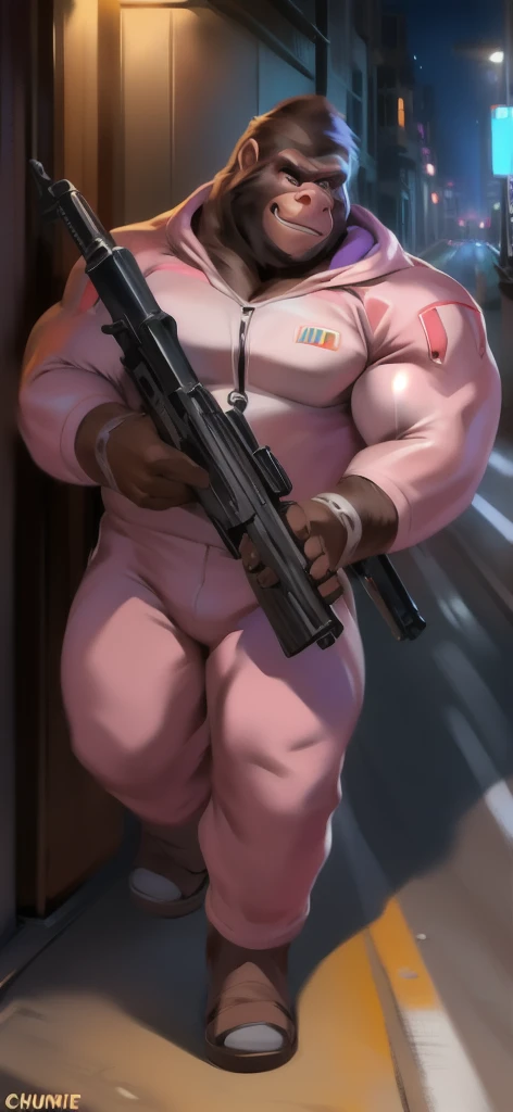  alone, male Tall​,huge​ body​, stand,Carrying a long gun as a weapon, road, Gorilla​ pig ,  pink military spacesuit,  heavy overload,  muscle bundle, smirking,by chunie ​