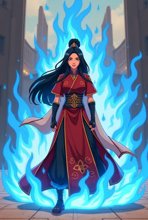 Azula 4k hd cartoon wallpaper of her as the fire lord with blue flame surrounding her