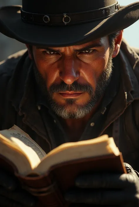 Make closely picture of Arthur Morgan reading a book closely