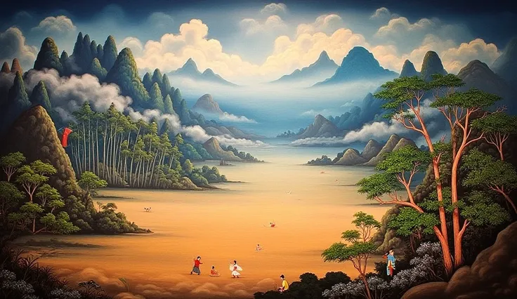 Mural Thai painting. Thai Art. portrait of an empty land filled and swirling dust, has dense Thai rainforest and mountains as a background. scary atmosphere.