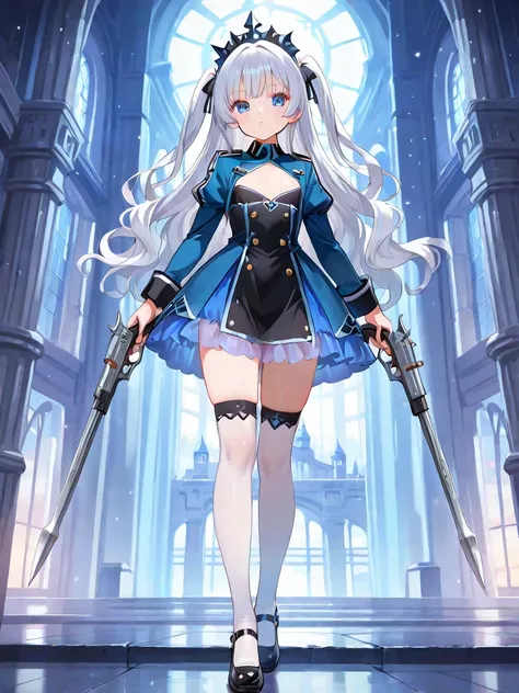 silver hair long hair wavy hair two side up princess cut blue eyes small chest full body castle headdress tall knee-high socks with weapons 20 year old sexy military uniform-like dress see-through