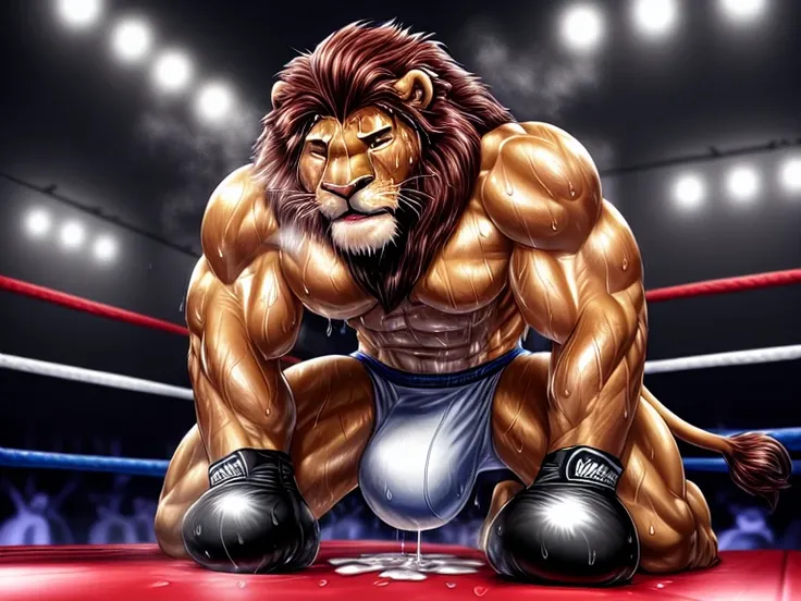 (extremely detailed and realistic masterpiece of an) ((male anthro lion)) with (muscles) and (athletic build), featuring (correct anatomy:1.4) and (detailed sweat droplets:1.7) glistening (sweat:1.4) and emphasized, (collapsed and bent down) with an (exhau...