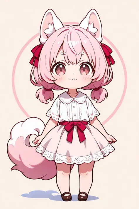 droopy white ears dog ears 　 long twin tails　 twin-tail hair in a circle　droopy white ears dog ears 　Only one　 standing picture、Symmetrical　Droopy ears犬耳　  Full Body Lesbian 、 top quality、length、 best image quality、 cute little、 plain background　Of light p...