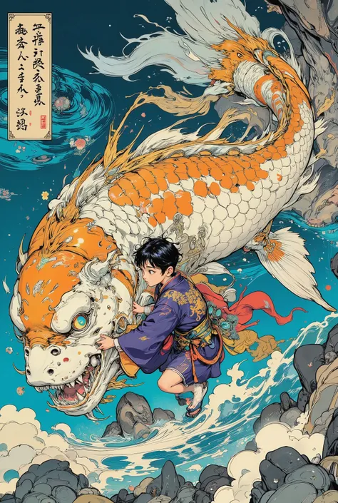 A boy in traditional Japanese clothes sits astride a carp. A huge white and orange stylized carp with detailed golden scales, large neon transparent intelligent eyes and beautiful transparent silver fins and tail. A boy hugs a fish or clings to it, he is d...
