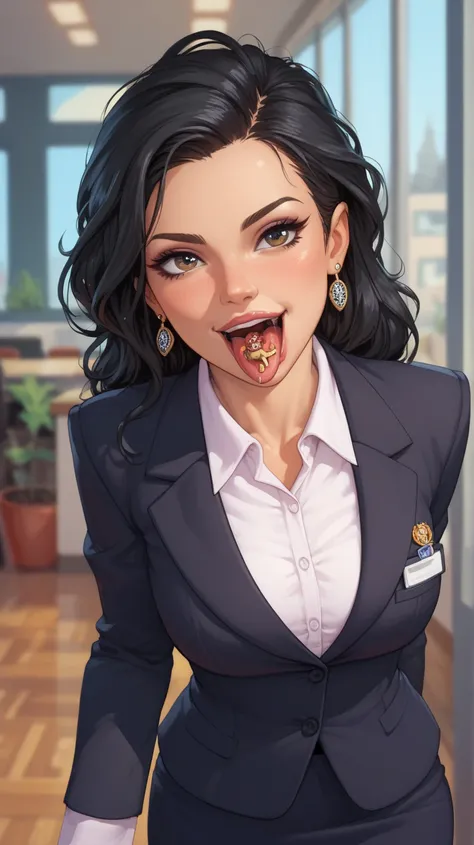 Business outfit ,black hair ,  score_9,  score_8_arriba,  score_7_arriba, ,tongue ,spit,tiny woman in her mouth