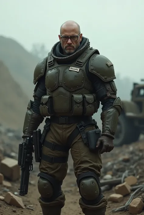 A bald warrior with prescription glasses, wearing tactical armor, standing in a post-apocalyptic battlefield, with the name tag 'LNCK stiki' visible, hyper-realistic, dark tones, last-war game theme