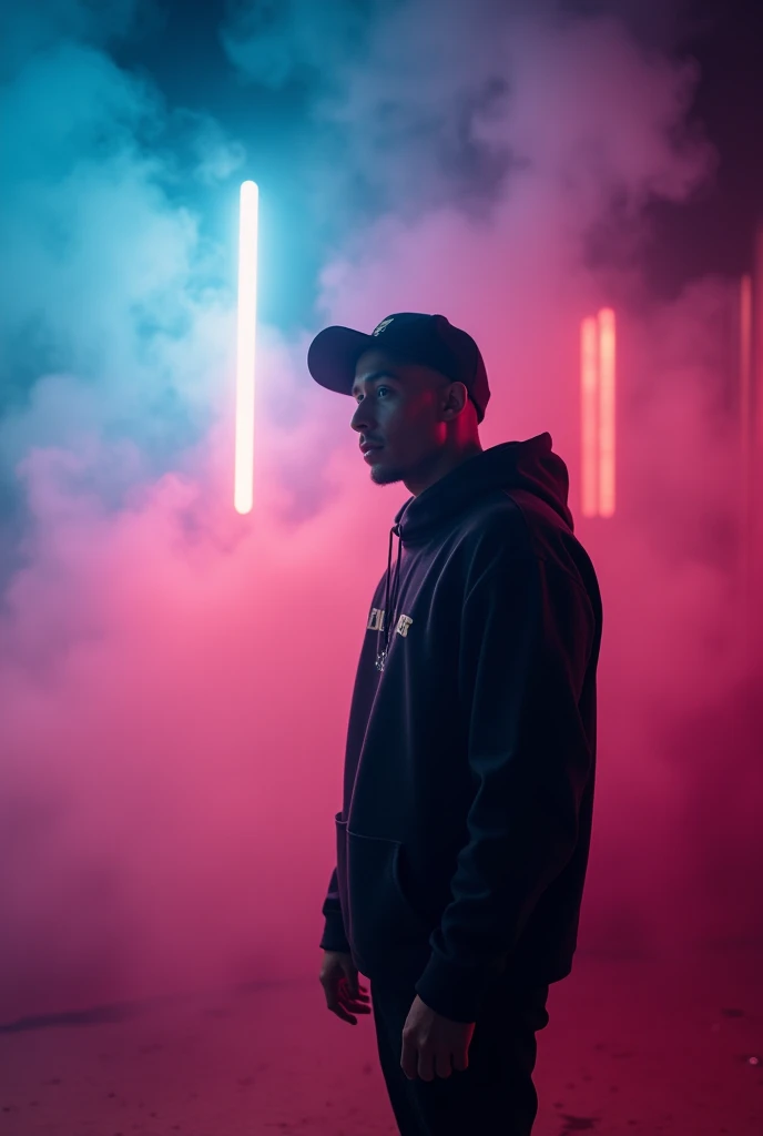 a commercial video from LKC Homestudo:  

>  The camera advances fluidly as the smoke slowly dissipates ,  revealing to a rapper in full recording .  Neon lights enhance your silhouette ,  merging with dynamic visual effects that create an immersive atmosp...