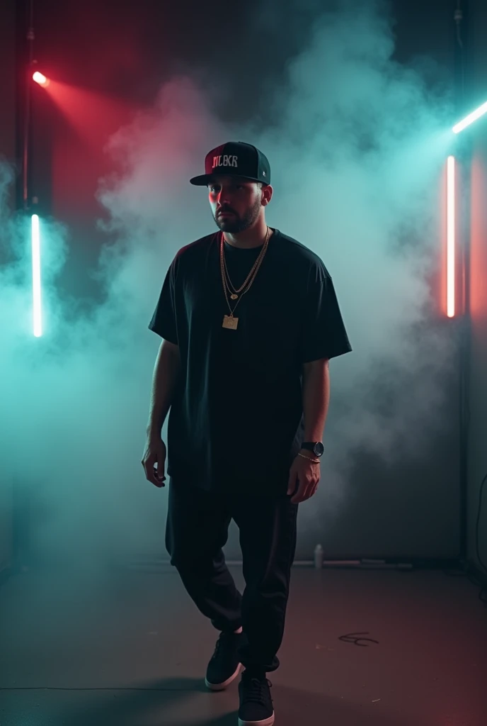 a commercial video from LKC Homestudo:  

>  The camera advances fluidly as the smoke slowly dissipates ,  revealing to a rapper in full recording .  Neon lights enhance your silhouette ,  merging with dynamic visual effects that create an immersive atmosp...