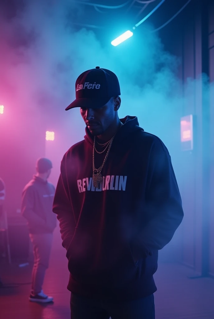 a commercial video from LKC Homestudo:  

>  The camera advances fluidly as the smoke slowly dissipates ,  revealing to a rapper in full recording .  Neon lights enhance your silhouette ,  merging with dynamic visual effects that create an immersive atmosp...