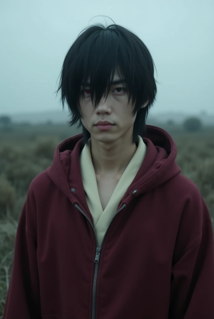 A 20 year old Japanese male ager, straight hair with slightly long open bangs , maroon long sleeved robe with zipper and unused cream colored hooded interior,red eye,zoom camera, front view,a backdrop of fields and bushes typical of a Palestinian war zone,...