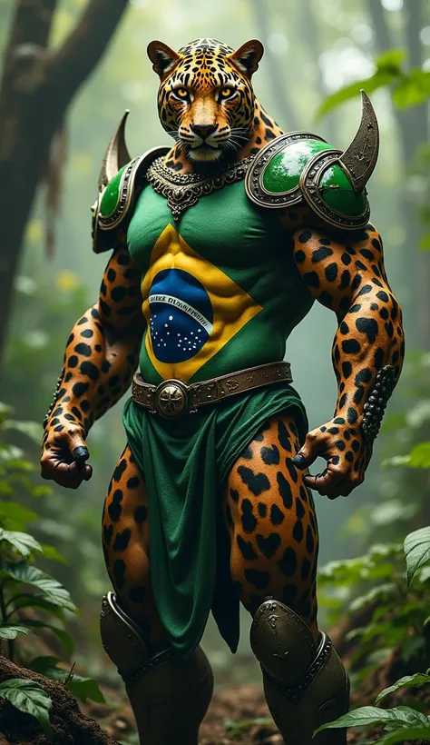 "A mighty hybrid of Brazil and an Amazonian jaguar. The figure has sleek, muscular features like the jaguar with dark spots on its body, while wearing a green and yellow armor symbolizing Brazil. The face is a fierce, proud jaguar, with its eyes glowing. T...