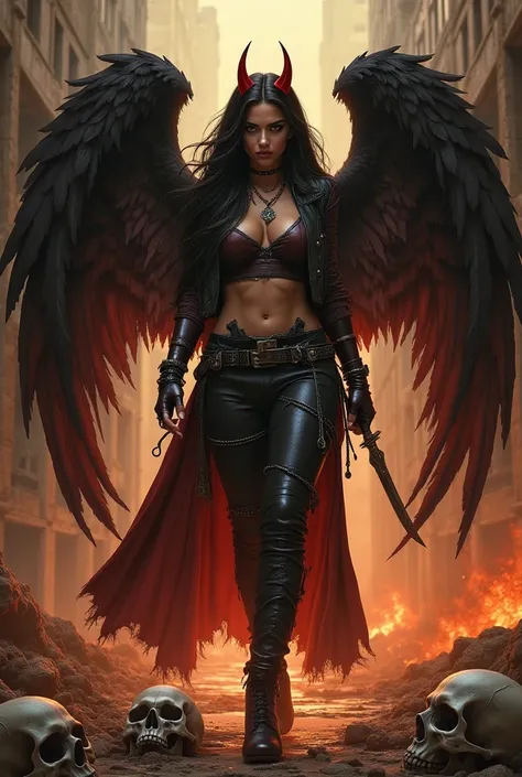 Fantasy art. A women with curves, long dark hair, amber eyes. Wearing punk style clothes. With dark angel wings and red devil horns. Walking through an inferno, Skulls lying on the foor. Damaged buildings in the background. A dagger in her hand. 