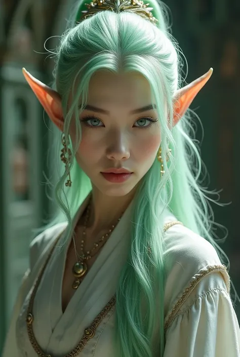 Upper body shot, Japanese woman, pointed elf ears, white skin, pastel green hair, closed mouth, ancient elven noble outfit, elven jewelry, dynamic pose, complex fantasy character, NSFW, cinematic lighting, fantasy, magic, detailed background, in ancient el...