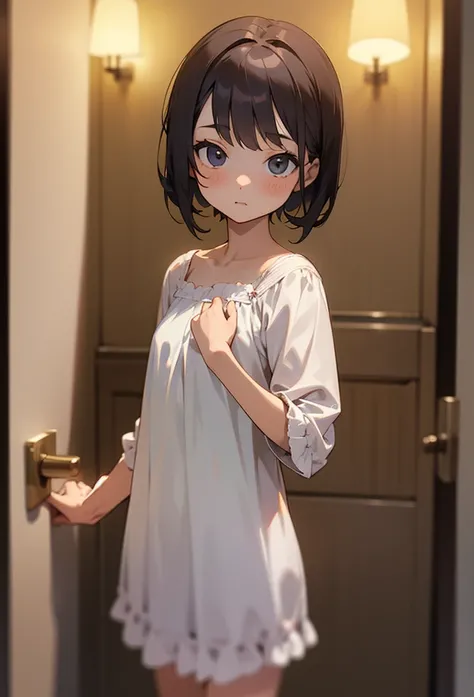 A cute little young  girl wearing a nightgown the bathroom 