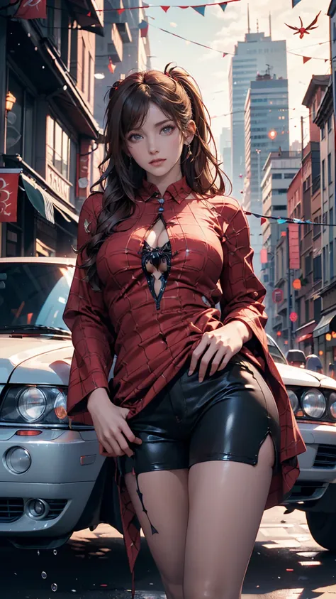 ( Masterpiece,  top quality),  complicated details, 8k,  Art Station,  wallpaper,  Official Art,  splash art,  sharp concentration,,  1 girl,  long hair,  twin tails on legs,  red eyes,  brown hair, ,   spider suit,   spider web   printing,   spider web  ,...