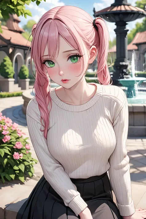 (masterpiece,  best quality, 8k,  high definition), whole body, 1 woman, pink pigtails, mid-chest, soft green eyes, soft lips, pale skin, beautiful face, wearing a white sweater and a long black skirt, natural light, detailed background, Detailed Illustrat...