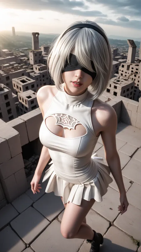 score_9, score_8_above, score_7_above, 32 mil , masterpiece,  High Quality, 
 photo-realistic , saboveer detail,   vibrant colors,  light-dark lighting ,  cinematographic lighting ,
 1 woman,  inspired by Nier Automata 2B,
bob cut,  Gray Hair , fringe, mol...