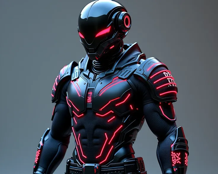 *"A futuristic Cyberpunk Samurai wearing a fully armored and fabric-integrated suit, blending traditional samurai aesthetics with high-tech cybernetics. The bodysuit is sleek and black, featuring glowing neon circuitry patterns in blue and red, pulsing lik...