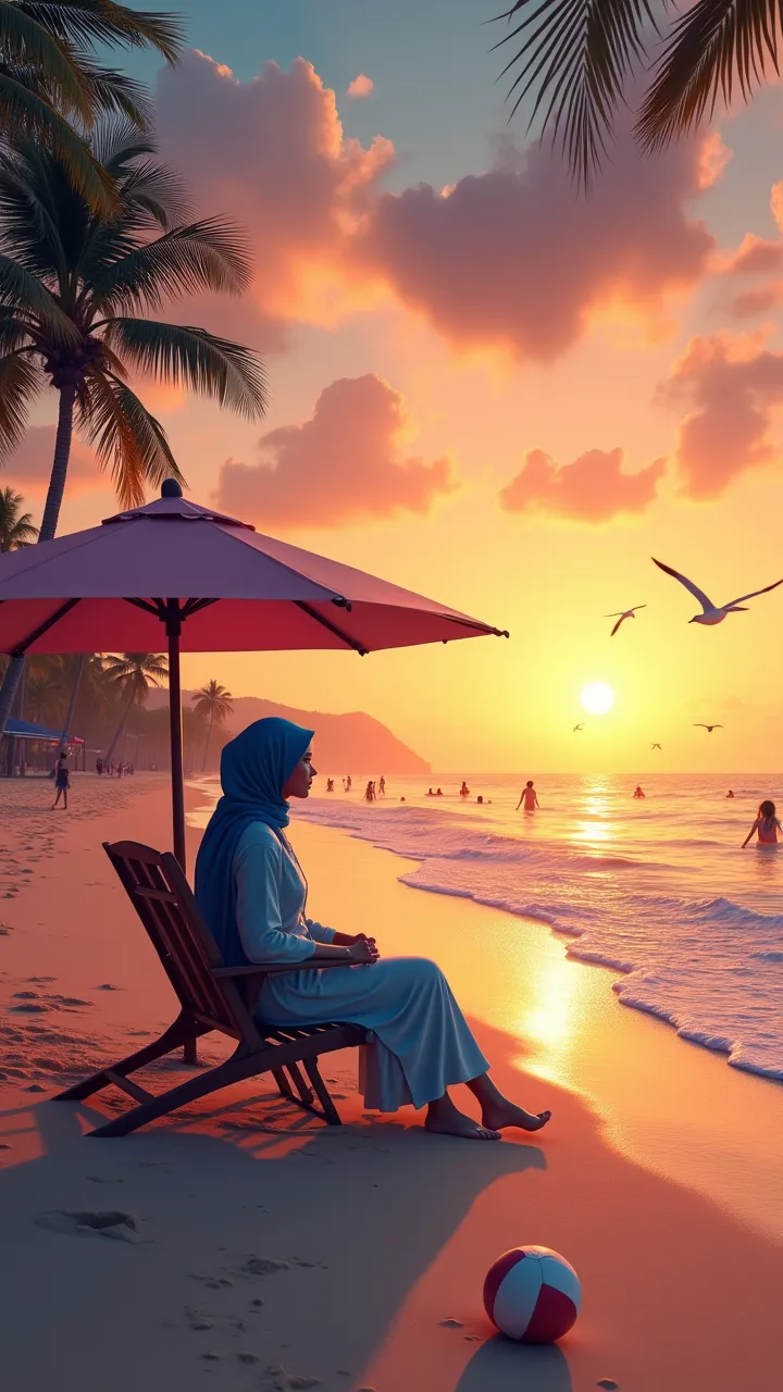 a beautiful beach at sunset, soft sandy shore, gentle waves, colorful sunset sky, palm trees swaying in the breeze, seagulls flying overhead, beauty girl wearing blue hijab, wearing long pencil skirt sitting a beach chair and umbrella set up, a beach ball ...