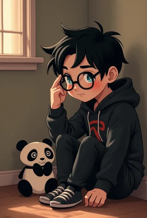 I want a boy sitting in Disney version with black hair, black clothes and his shirt has a hood, he wears glasses, he is white, thick eyebrows, he is sitting in a corner listening to music with his little panda and a little choclito