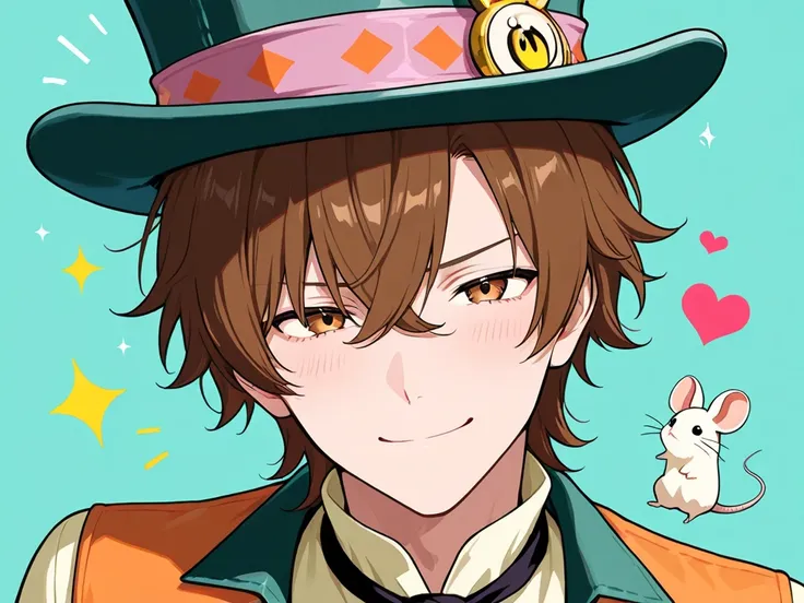 brown haired MALE , mad hatter's vibe, wearing a top hat with a tiny MOUSE