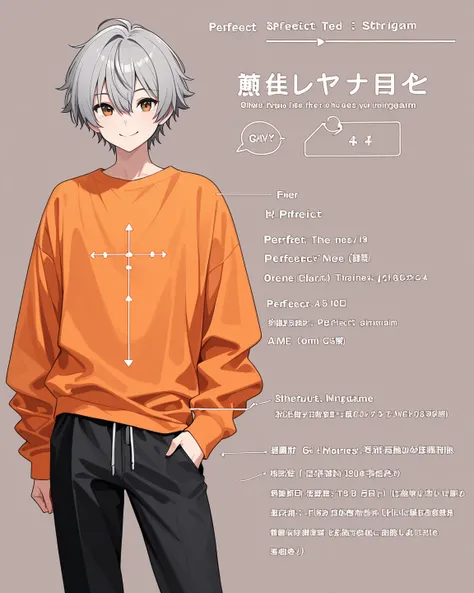  male、 standing picture、 orange clothes 、 Black Pants 、smile、 perfect quality、solo、 simple background,  Hi-Res,  shortcuts, Gray Hair, Setting diagram, 