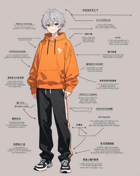  male、 standing picture、 orange clothes 、 Black Pants 、smile、 perfect quality、solo、 simple background,  Hi-Res,  shortcuts, Gray Hair, Setting diagram, 