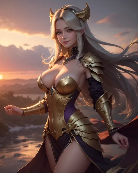 3D Demon Boob Goddess ， Dyed Yellow Purple Long Hair ，Exquisite gorgeous complex gold-plated semi-light armor ， in the palm of your hand like a circle hugging nature with the palm of your hand Neon flowing like a wind like a wind, a composite wind gathered...