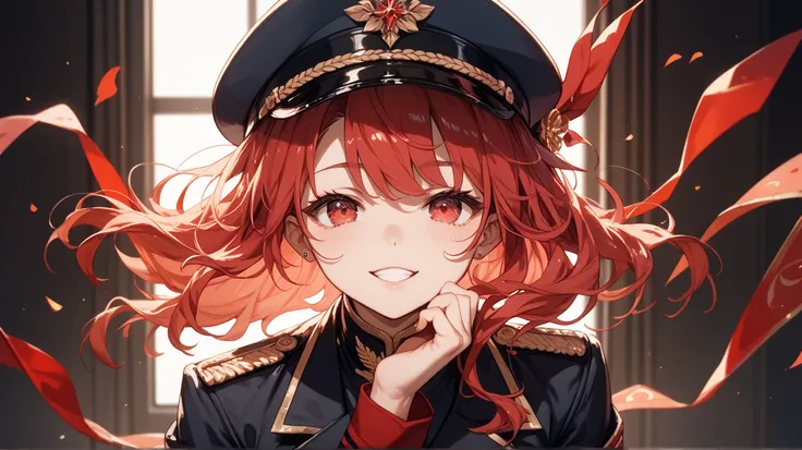 31-year-old woman。 red hair 。Twin-tail hairstyle wrapped in a circle 。 wearing a military uniform。No hat。Has red eyes。Take a picture of your face from the front。