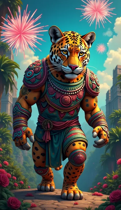 "A vibrant hybrid of Mexico and a jaguar, with the powerful build of the jaguar covered in a colorful armor that represents Mexico’s traditional art. The head is that of a jaguar with piercing eyes, and the background is a lively mix of jungles and ancient...