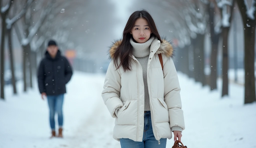 Winter white down jacket with jeans and brown boots ,  Sad side appearance of a young and beautiful Asian woman with a small bag on her shoulders, firm breasts , clean skin, beautiful eyes,Smart nose,Sexy hips and body , transcendental beauty , mature woma...