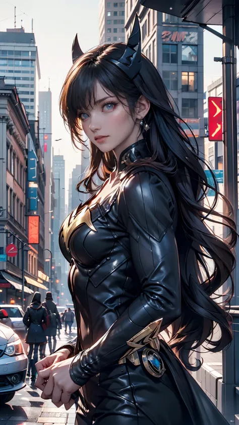 ( Masterpiece,  top quality),  complicated details, 8k,  Art Station, wallpaper,  Official Art,  splash art,  sharp concentration,,  1 girl,  long hair,,  Batgirl from The Masked Woman , ,  skyscrapers, city, building, car, street,
