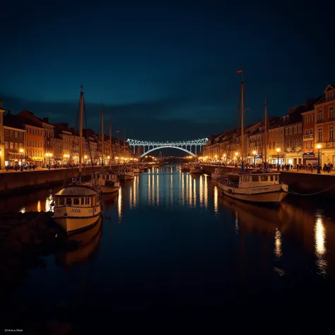 Ribeira do Porto at night, with lights reflecting on the Douro River and anchored rabelo boats. The Dom Luís I Bridge illuminated in the background, with people strolling along the banks. Magical atmosphere, detailed night photography, rich colors, cinemat...