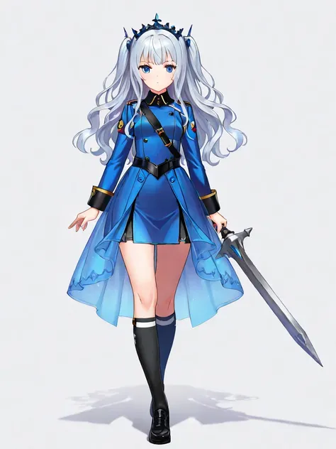 silver hair, long hair, wavy hair, two side up, princess cut, blue eyes, small breasts, full body castle headdress, tall, knee-high socks, with weapons, 20 year old, sexy military uniform-like dress, blue see-through