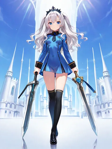 silver hair, long hair, wavy hair, two side up, princess cut, blue eyes, small breasts, full body castle headdress, tall, knee-high socks, with weapons, 20 year old, sexy military uniform-like dress, blue see-through