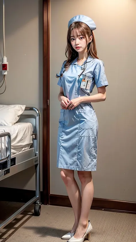 a beautiful young 24-year-old Japanese woman, beautiful, detailed anatomy, beautiful skin, random hair color and hairstyle, big breasts, nurse hat, (nurse uniform:1.3), nurse cap, (she is standing:1.2), full body shot, high heels, hospital, (best quality,8...