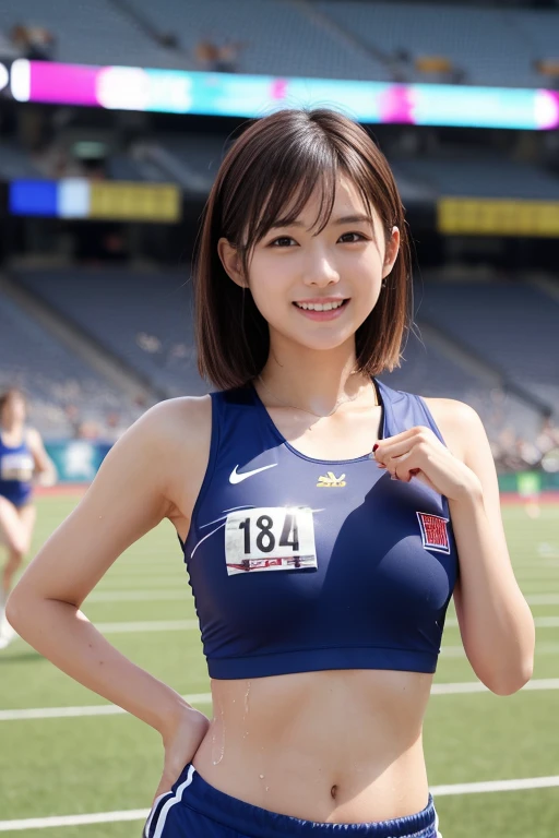 woman、expensive、170 cm、 athletics stadium、 international athletics competition 、Large crowd、 (smile、 sweaty)、 long hair、Hesitation、anger、 sweatyの体、 wet hair、 Wakino、Mid-chest、 real な乳首、 real なお尻の割れ目、非常に short hair、(expensive色彩彩度:1.0)、( very detailed that な...