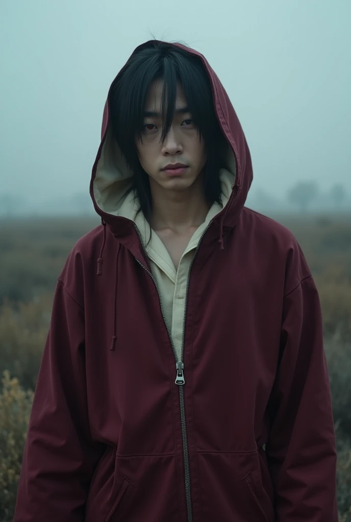 A 20 year old Japanese male ager, straight hair with slightly long open bangs , maroon long sleeved robe with zipper and unused cream colored hooded interior,red eye,zoom camera, front view,a backdrop of fields and bushes typical of a Palestinian war zone,...