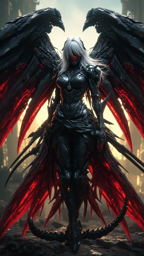 Magnificent depiction ， A silver-haired female demon hunter ， armor broken like glass ， black with wings with red edges ， The background transitions from warm red and yellow to calm blue and green。