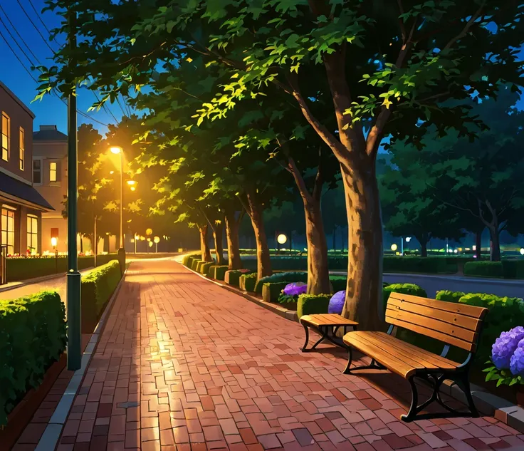 Park, bench and red brick flowerbed on one side, streetlight, camera in center, path, flowerbeds on both sides,