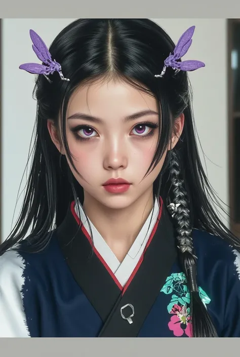  full body image. 18-year-old young woman with Japanese features. . Her long black hair is tied in a slightly high bun ,  descending in a braid accompanying the rest of the loose hair falling down her back , two bangs that fall down the sides of her face ;...