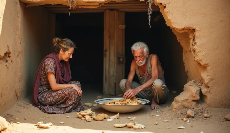 
A broken, mud-built house with cracked walls and a half-broken wooden door. The courtyard is dry and dusty, with scattered debris. Inside, a woman is sitting comfortably, enjoying a rich meal, while an old, frail man quietly dips a piece of dry bread in w...