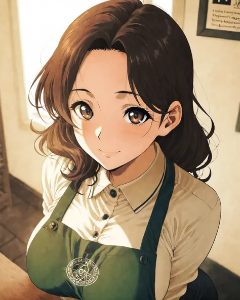 ( adult woman):  Japanese anime style、 Japanese Manga Style 、solo、( perfect face )、( detailed clothing)、 A Single Elegant Woman 、(The coffee shop hostess )、late thirties 、Alluring、The eye area is long and looks a little tight 、 Her Eyes Are Seriously Smili...