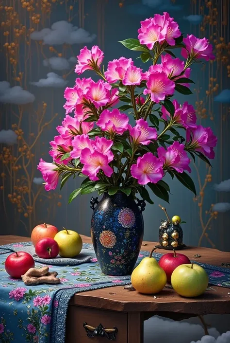 masterpiece composition A wide bouquet of roses and mussels in Chinese jugs with a picture on a wooden table and on a table, an embroidered tablecloth and large apples and pears lie and the price falls firmly on their side and the soil is soft oil paint