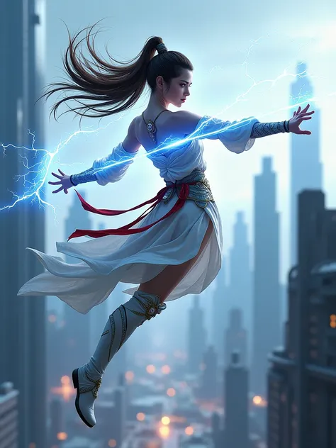 3d， Lightning Stream Light Female Martial Master ， Ultimate Machine with Complex Performance Lightweight，Jumping Sky City ， 1 Girl ,  High Resolution, long hair,  simple background, Symbol eye , 