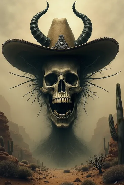 Make an image of a skull with a devil and a ghost fused with a Mexican rancher hat