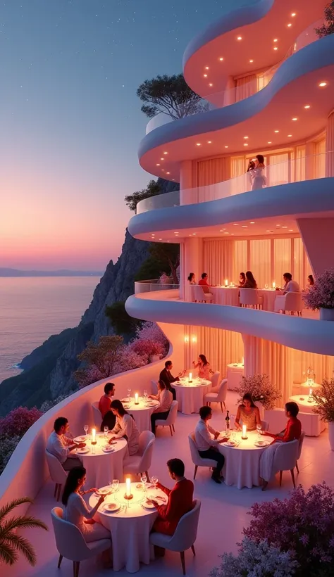 A breathtaking ultra-futuristic, four-story cliffside mansion glows under golden nighttime lights, its white and pink exteriors blending with curved open balconies and cascading staircases. Below the starlit sky, a romantic open-air terrace cafe is set up ...